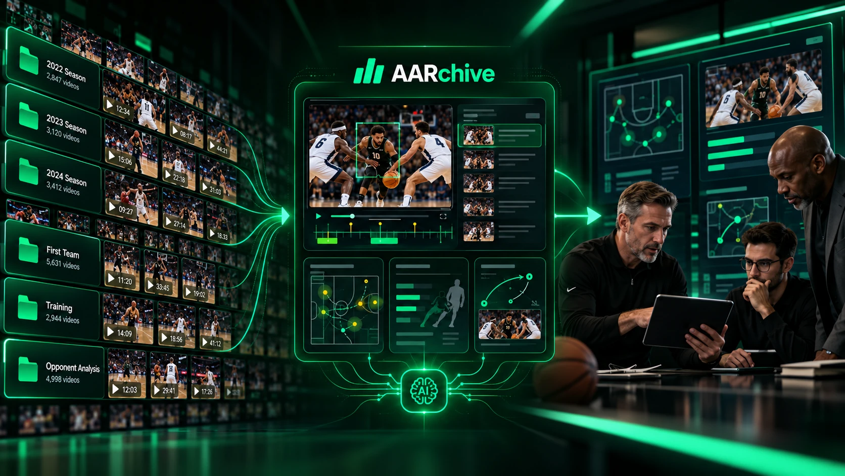 AARchive concept: seasons of archived footage connect to searchable video evidence for a team to review