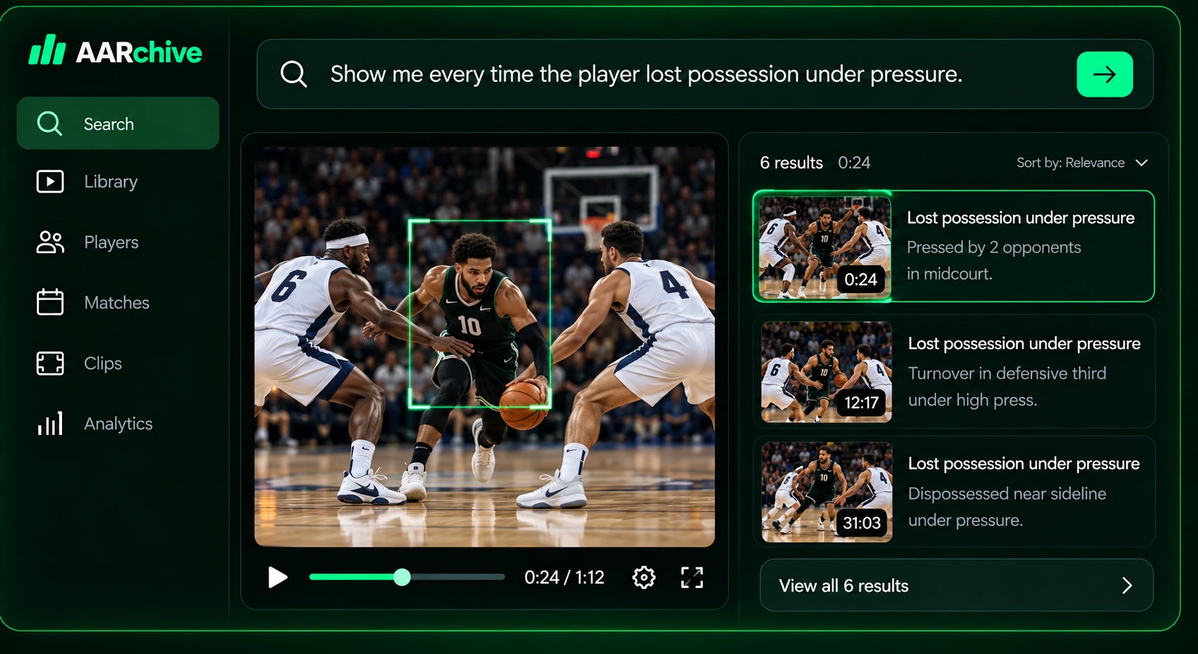 AARchive product concept showing a natural-language search, source video, and a list of timestamped results